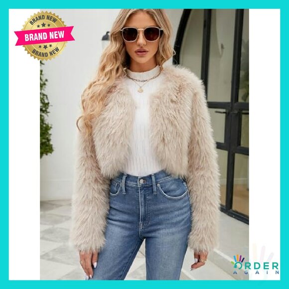 Cropped Faux Fur Jacket Chic Y2K Winter Cardigan Open Front Fleece - Picture 3 of 8